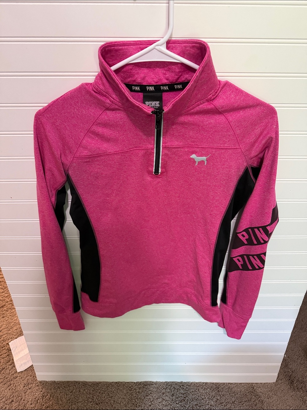 PINK Victoria's Secret Hot Pink Quarter-Zip Pullover with Black Panels